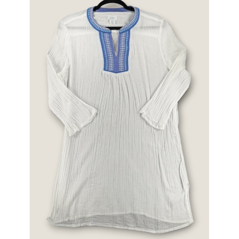 Sigrid Olsen Tunic Large White Crinkle Gauze Embroidered Swim Cover Up Dress